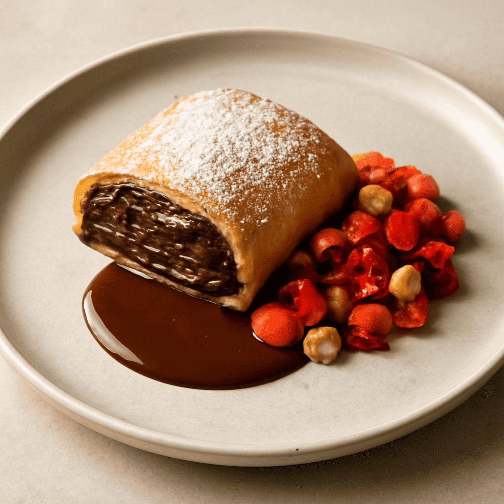 tortino di pasta Strudel al cioccolato rum e fragole