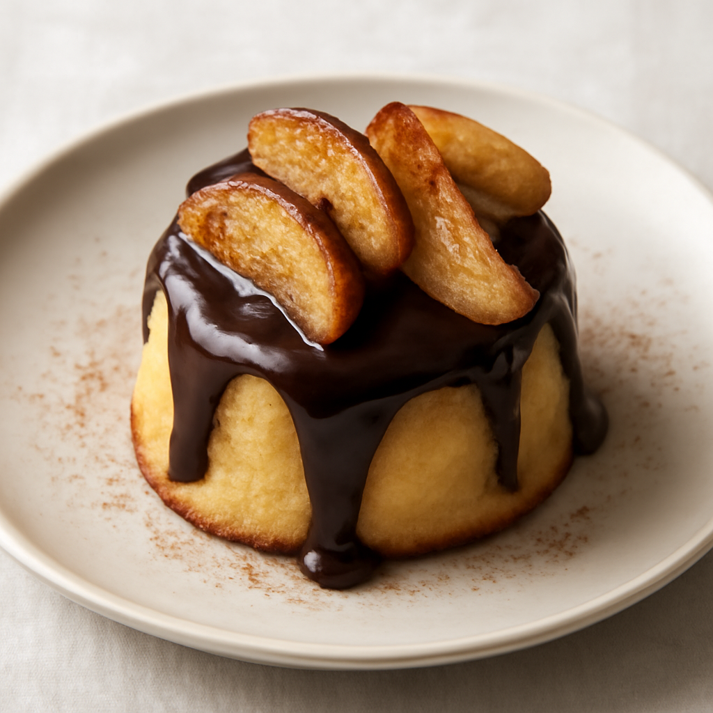 Tortino di ricotta al profumo di cannella con mele caramellate e ganache al cioccolato fondente.