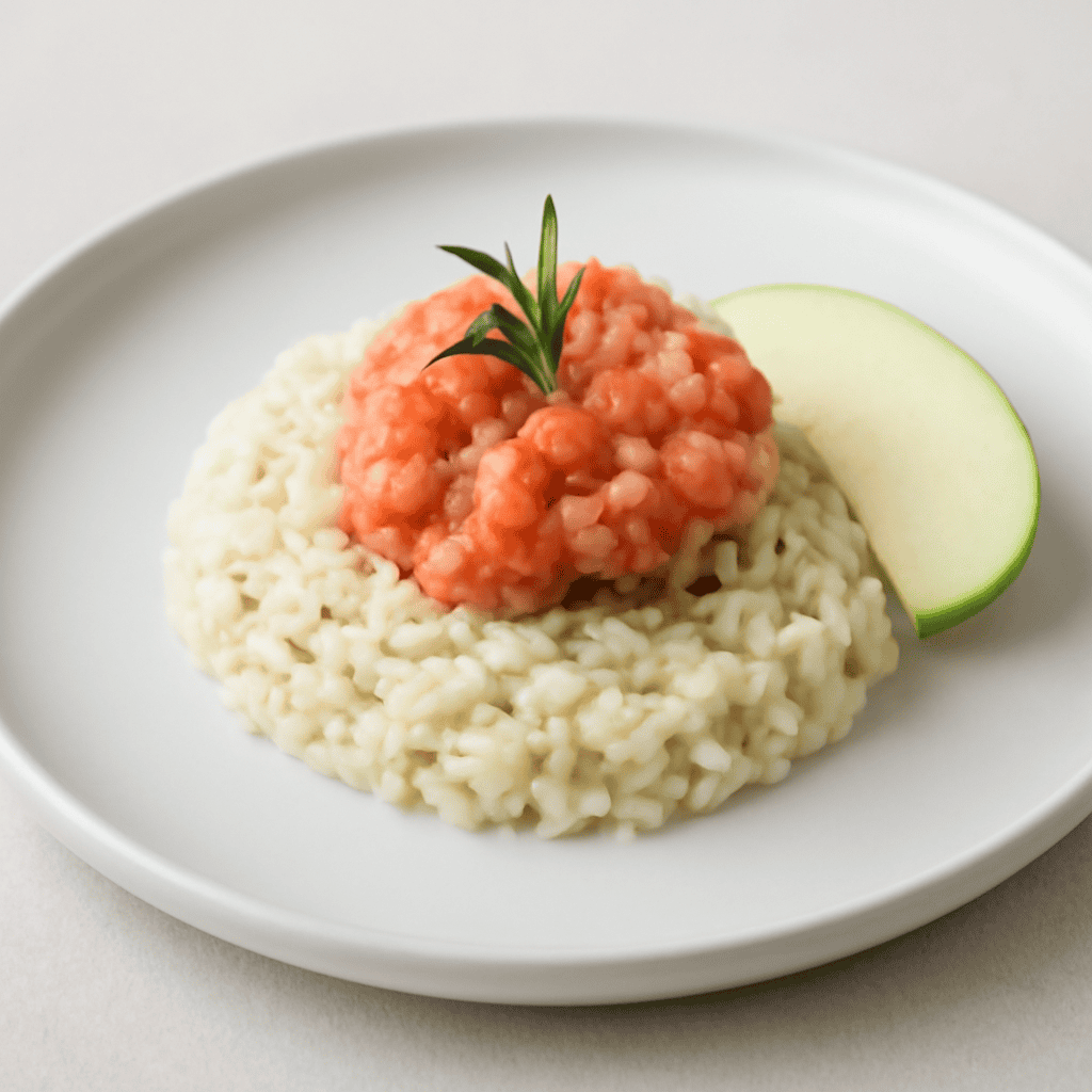 Tortino di riso con tartare di salmone