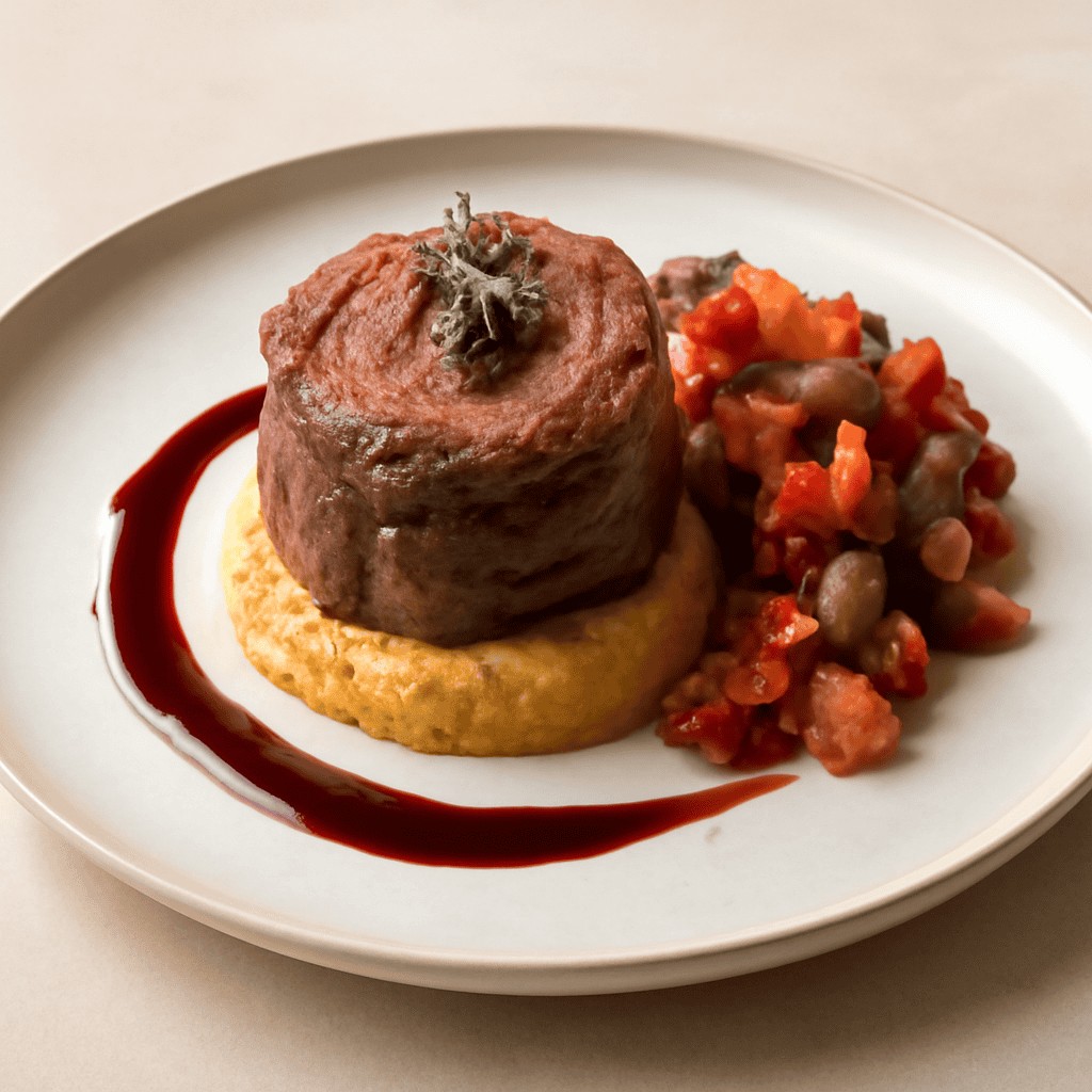 Tortino di tapeluco con polenta scricchiolante, ratatuia croccante e riduzione di nebbiolo.