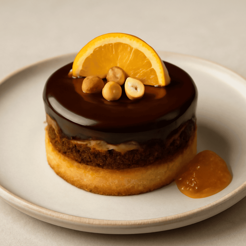 Tortino frangipane alle nocciole e arancia con ganache bitter