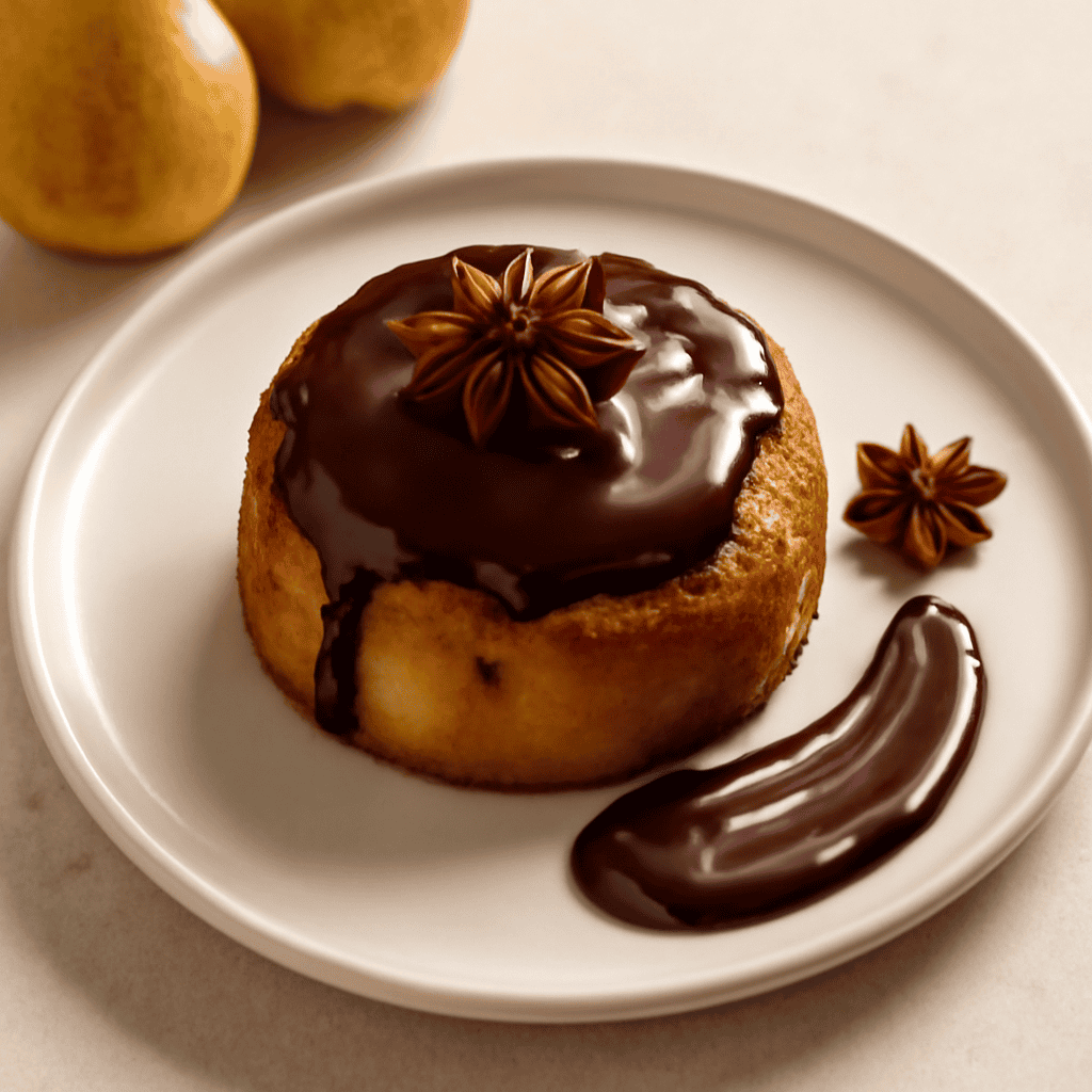 Tortino rovesciato pere e cioccolato bianco con ganache al cioccolato fondente e anice