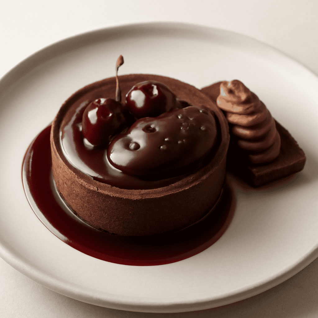 Tortino visciole e pepe nero con ganache al vino rosso