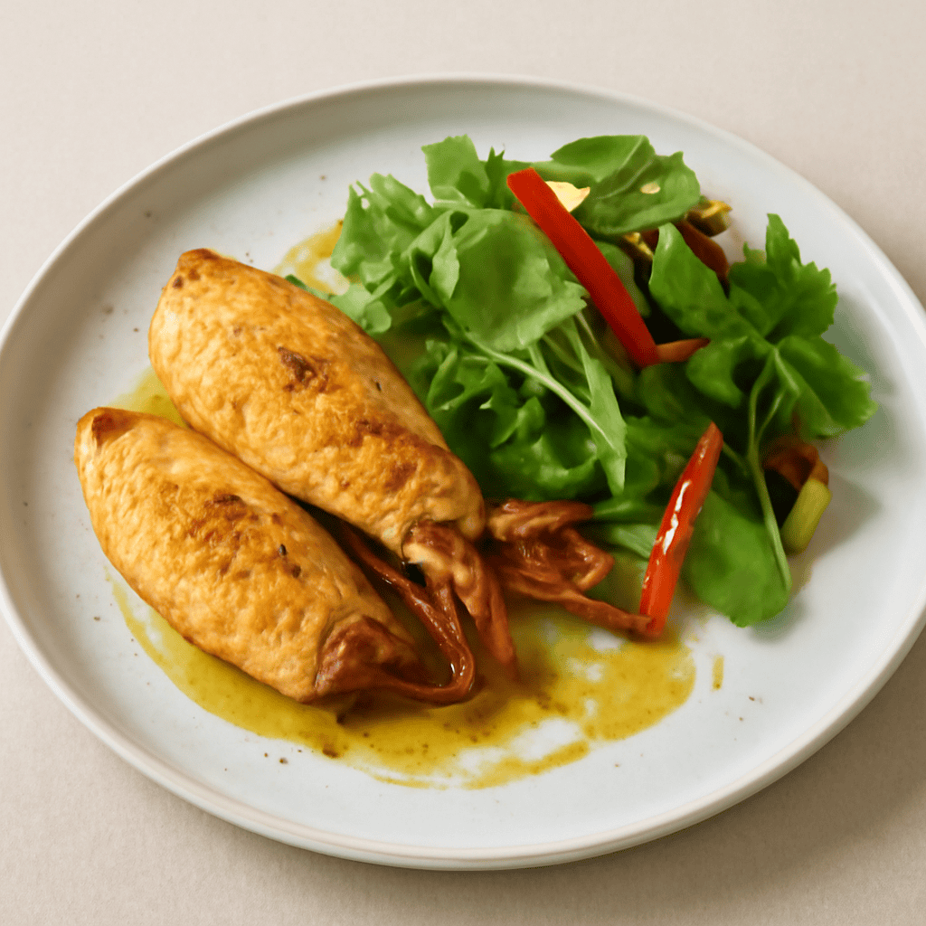 totano scottato al curry con misticanza alla menta e peperoni