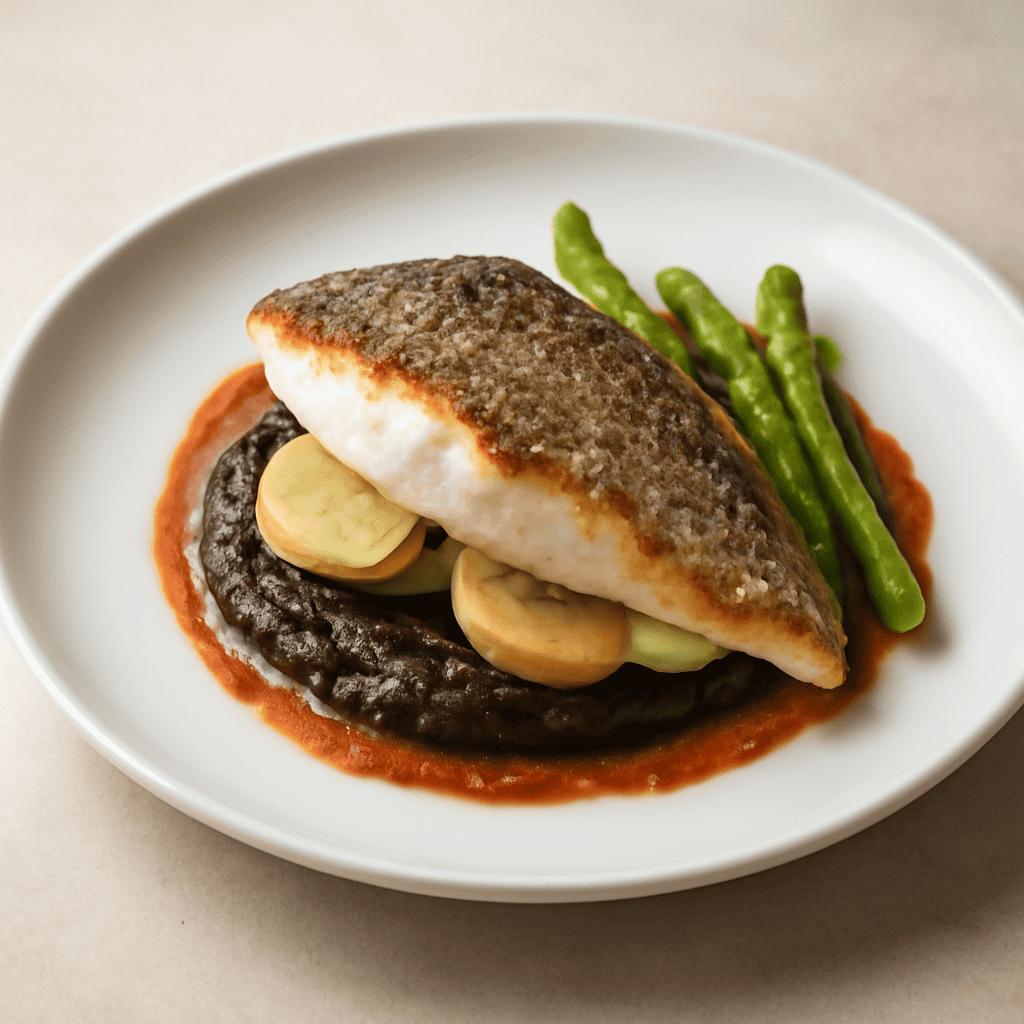 Trancio di branzino su letto di patate al nero di seppie e asparagi