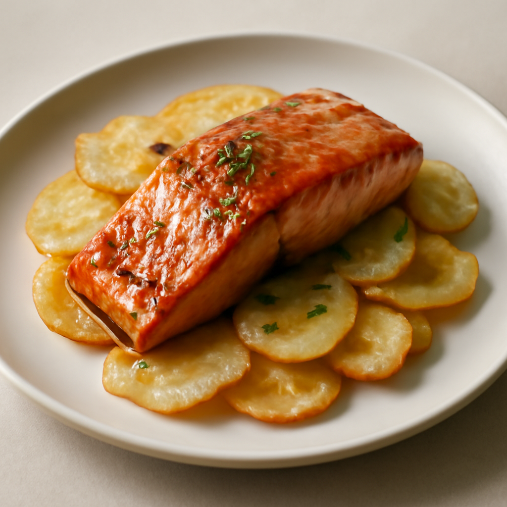 Trancio di salmone glassato su un letto di chips