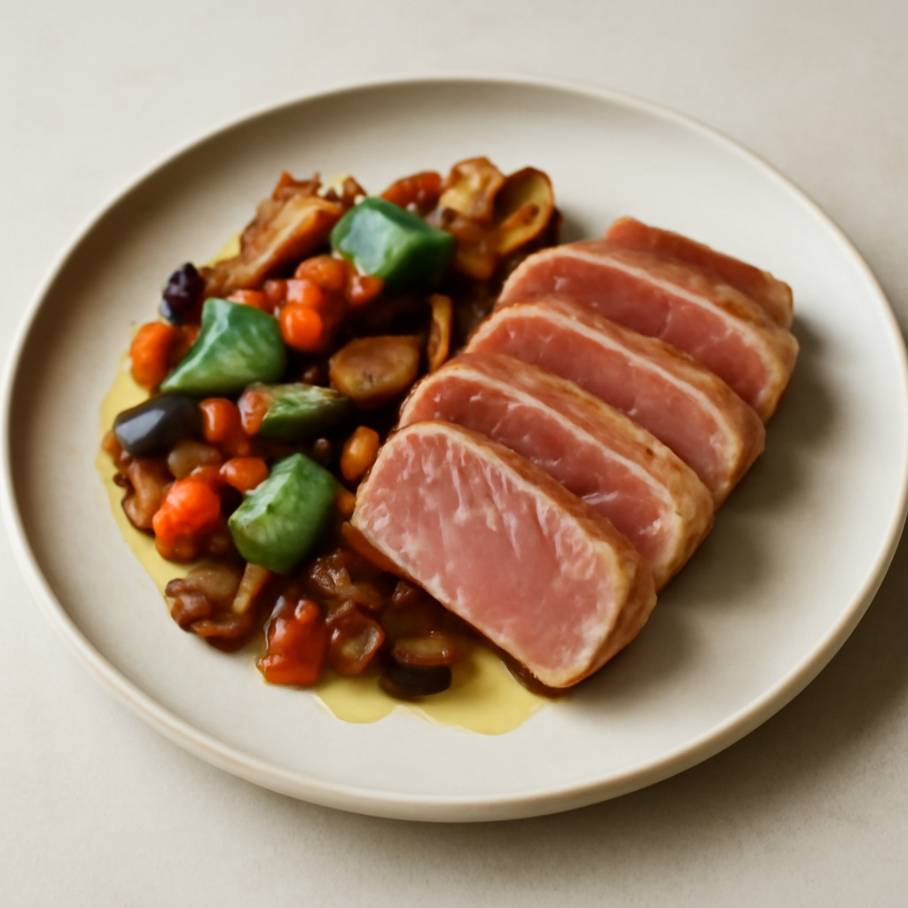 trancio di tonno con caponata di verdure al profumo di basilico.