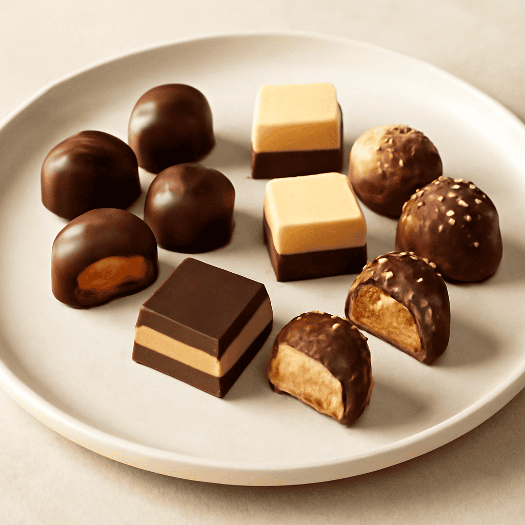 TRIS DI CIOCCOLATINI(GANACHE DI PESCHE,CREMINO ,BACIO)