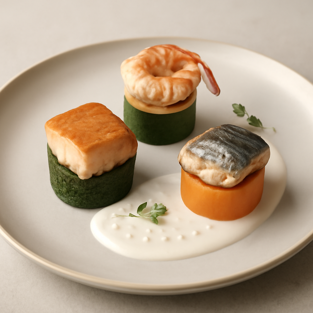 tris di pesce su cilindri di verdure con salsa allo yogurt