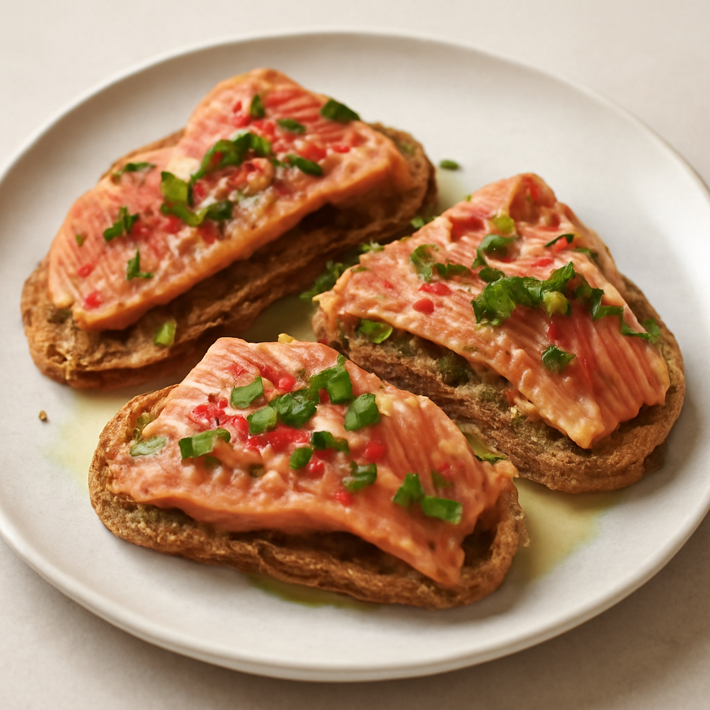 Tris di trota marinata su crostini di pane integrale