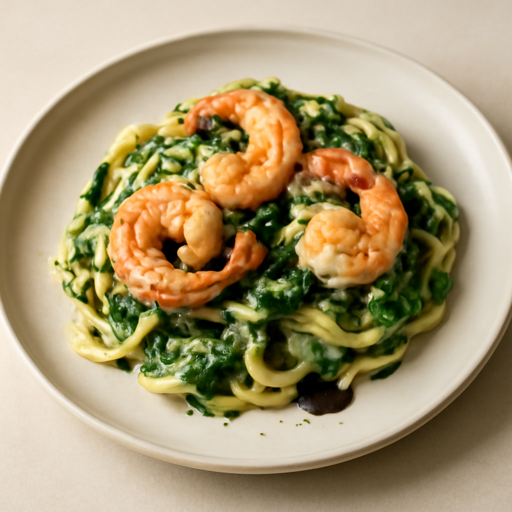 Troccoli, crema spinaci e gamberoni