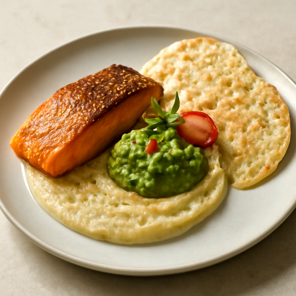 Trota salmonata con humus di ceci, salsa di guacamole e cialde cacio e pepe