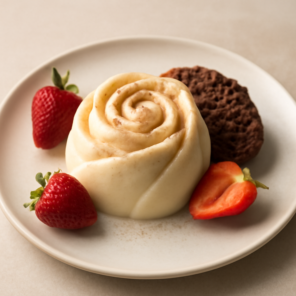 Una rosa di panna cotta alla cannella con biscquit al cacao