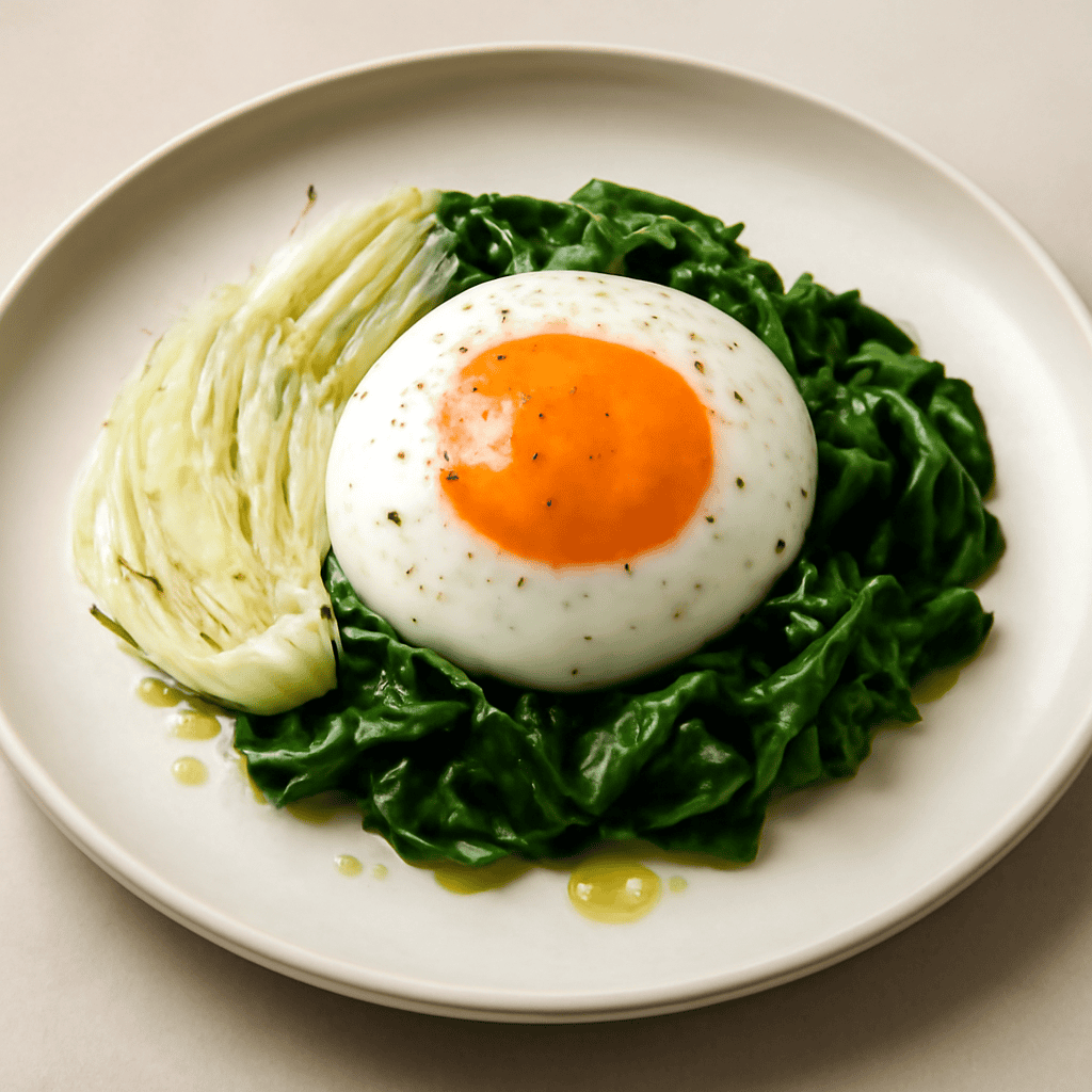 Uovo con albume aromatizzato all’arancia, con finocchio e spinaci