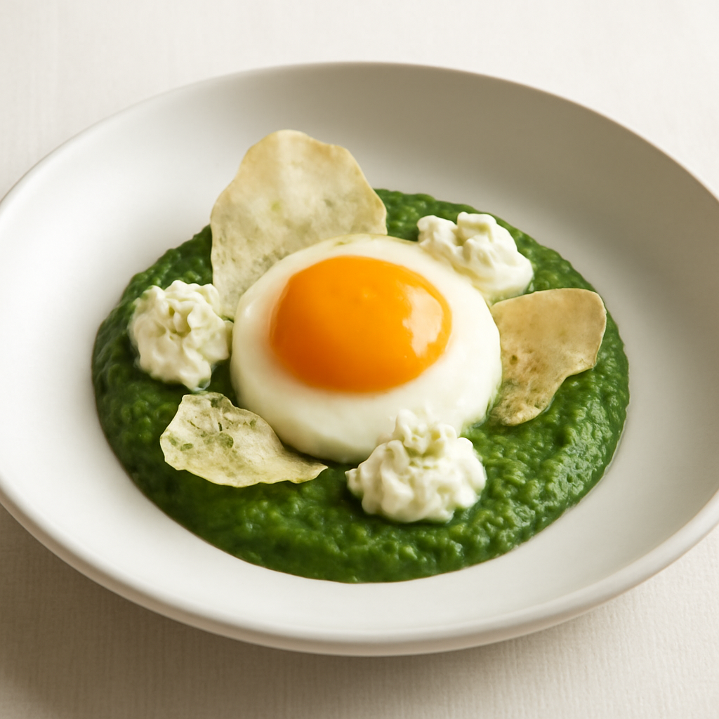Uovo cotto a 65° su crema di spinaci con ricotta aromatizzata al basilico e chips di riso