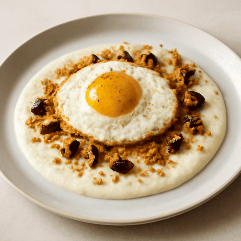 Uovo fritto su crema di pecorino con briciole di melanzane