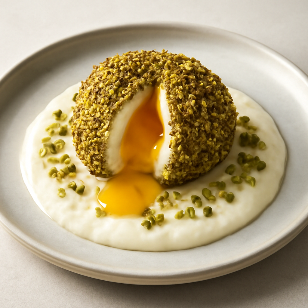 Uovo in crosta di pistacchio su fonduta di provolone
