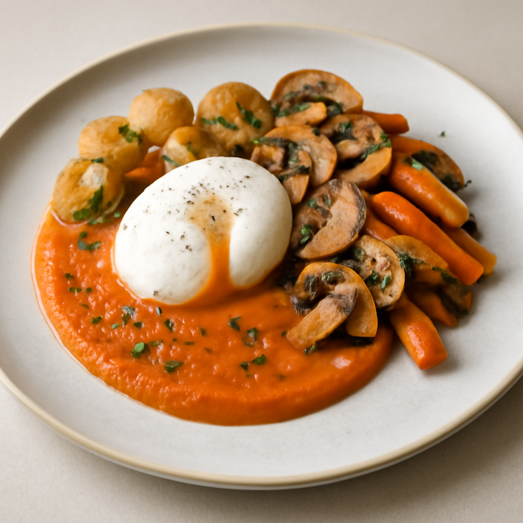 Uovo pochè con carote saltate al burro, funghi trifolati e crema di peperoni e patate