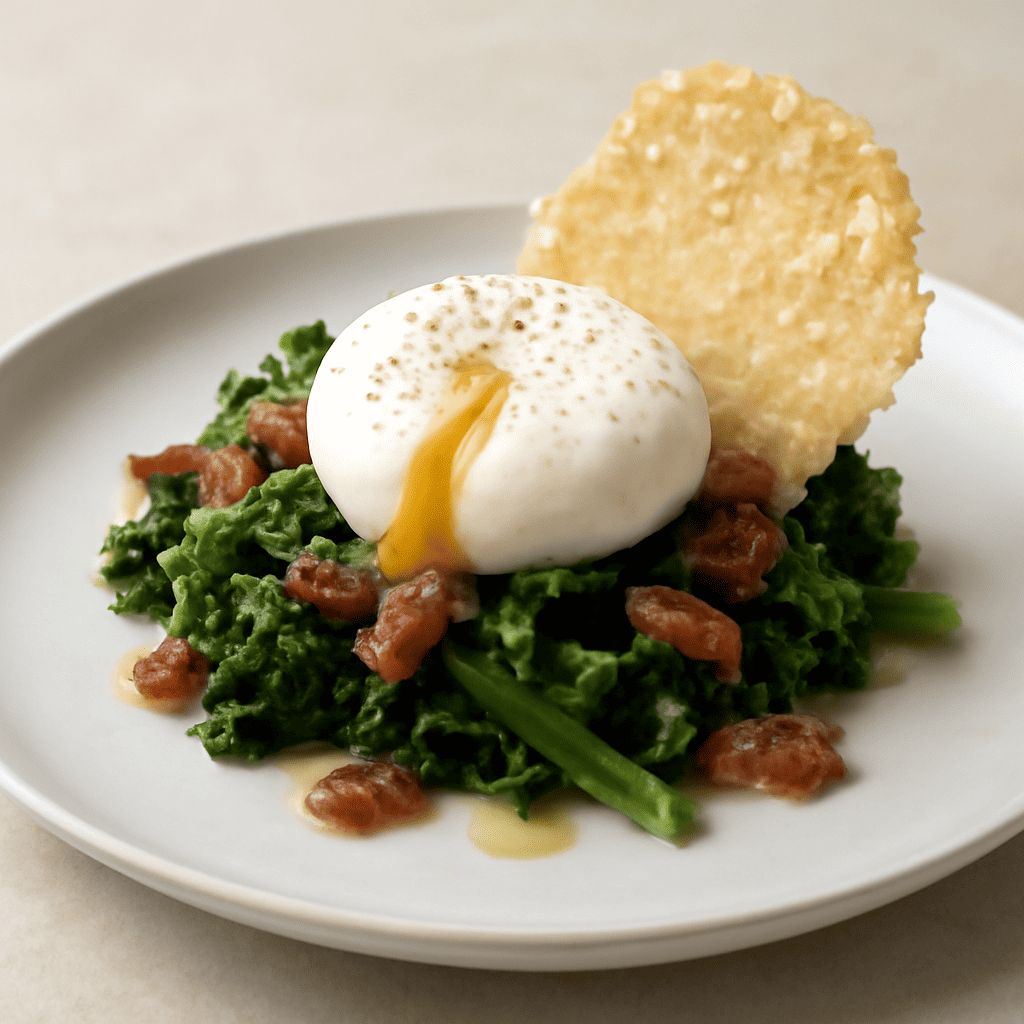 Uovo poché con cime di rapa, pancetta croccante e cialda di pecorino.