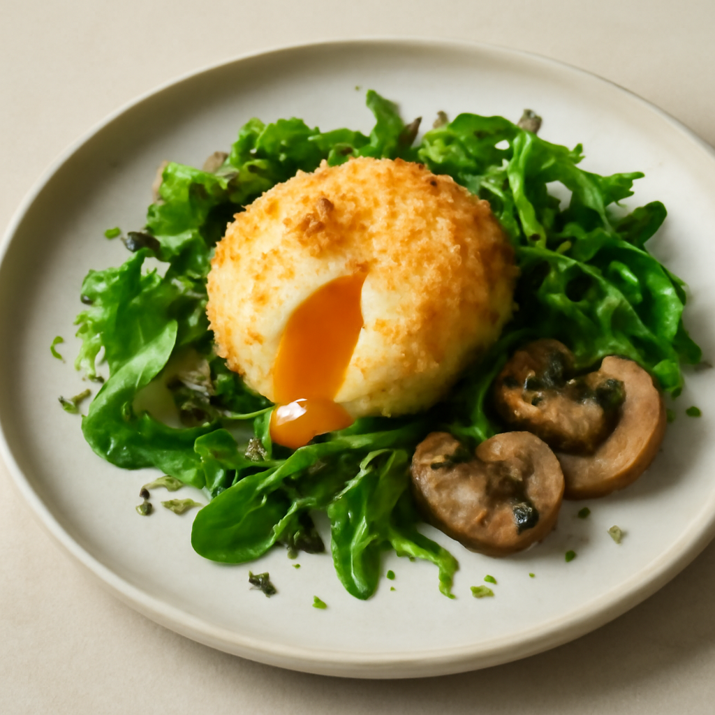 UOVO POCHET IN CROSTA DI PARMIGIANO CON MISTICANZA DI VERDURE CROCCANTI E FUNGHI CHAMPIGNON