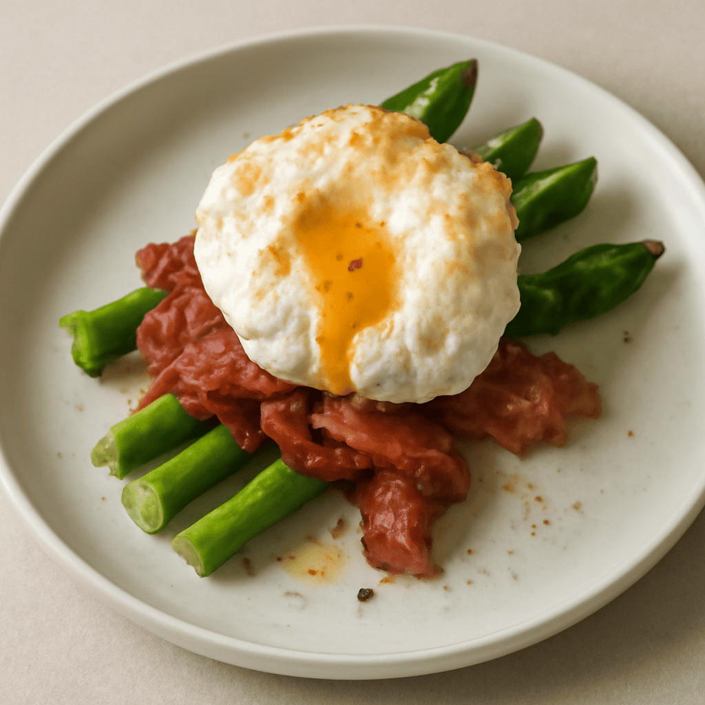 Uovo soffiato con asparagi, bacon croccante e olio al tartufo