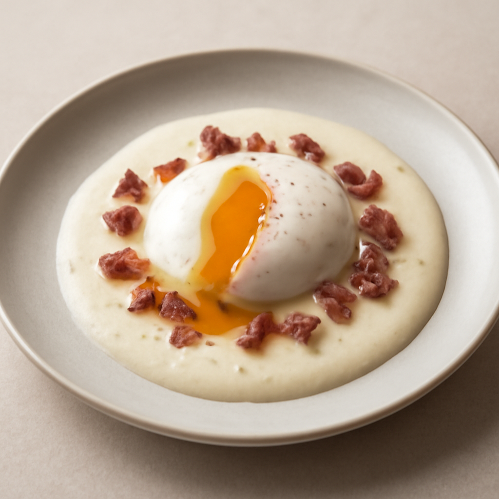 Uovo,crema di pecorino e pancetta