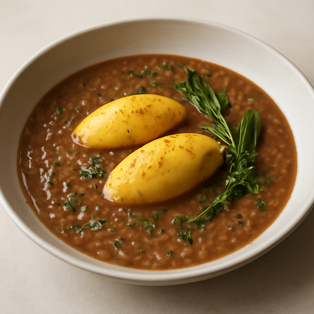 Vellutata di roveja con quenelle di patate allo zafferano