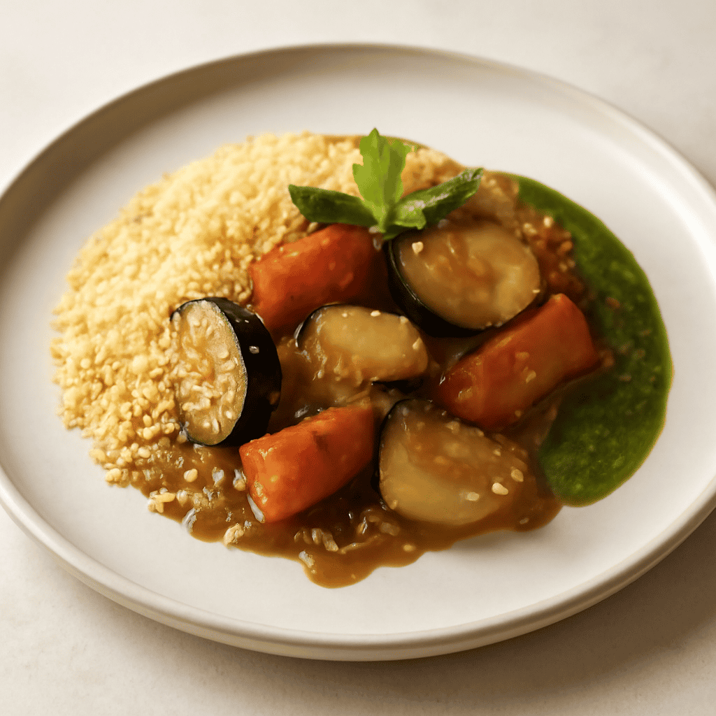 Verdure con riduzione di senape al miele e peperoncino, cous cous e salsa alla menta
