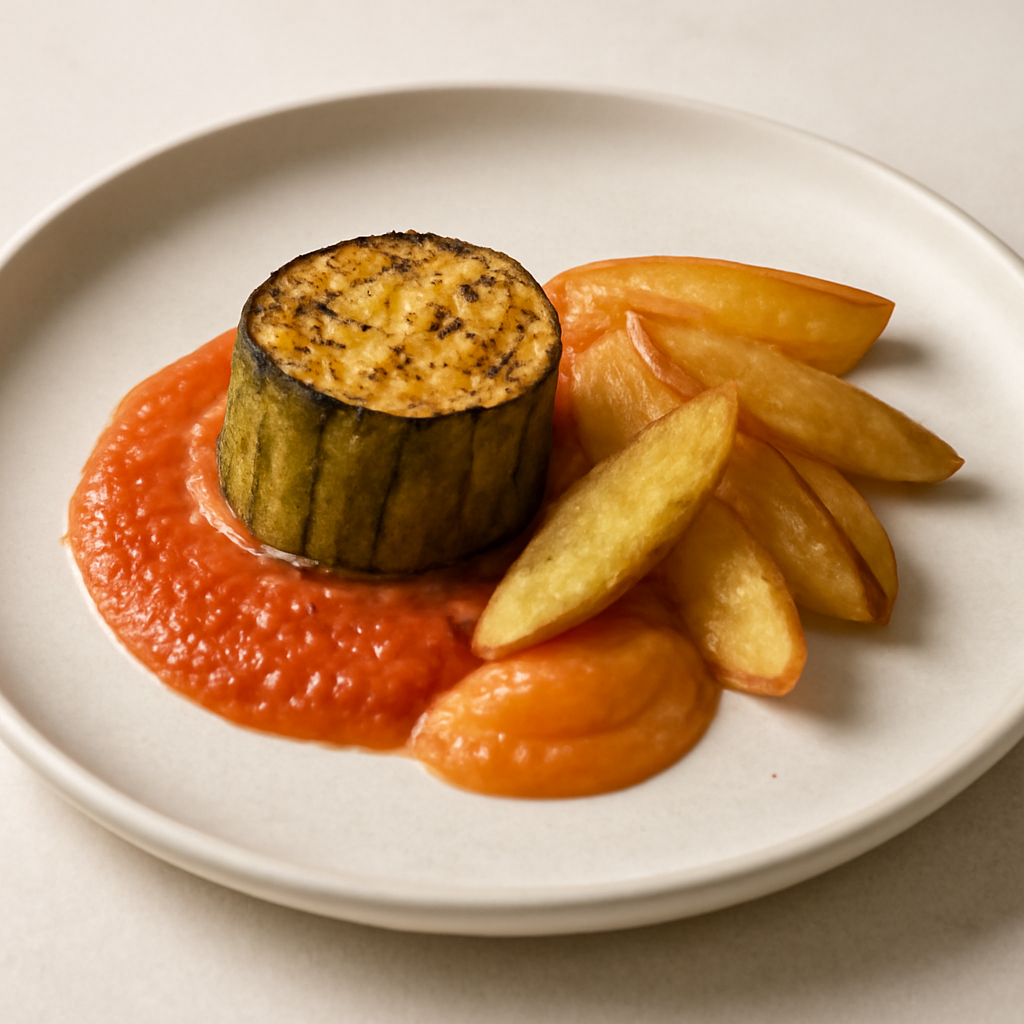 Zucchina caramellata con crema di peperoni e pomme nature su salsa di pomodoro fresco