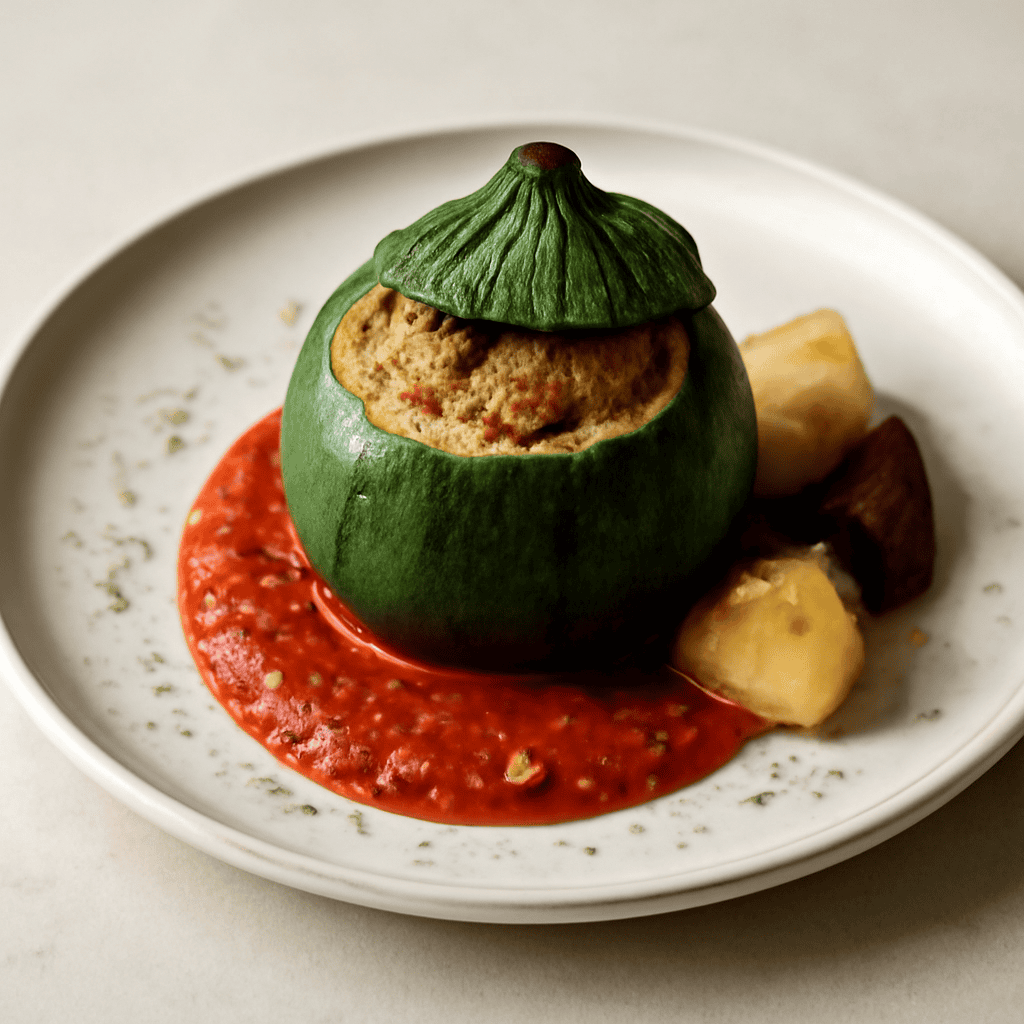 Zucchina ripiena con salsa di peperoni e finocchio essiccato