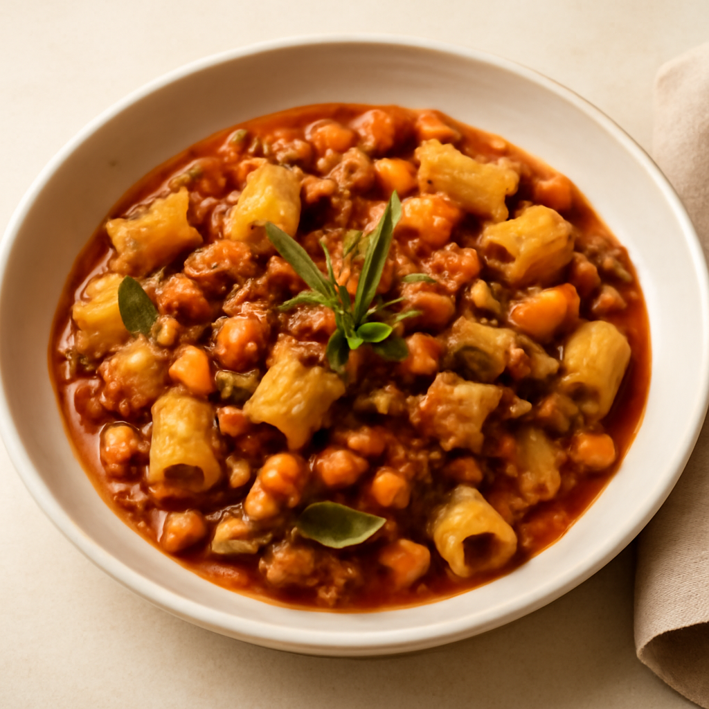 ZUPPA DI CECI E ROVEJA CON MEZZE MANICHE E RAGÙ DI VITELLO E SALSICCE