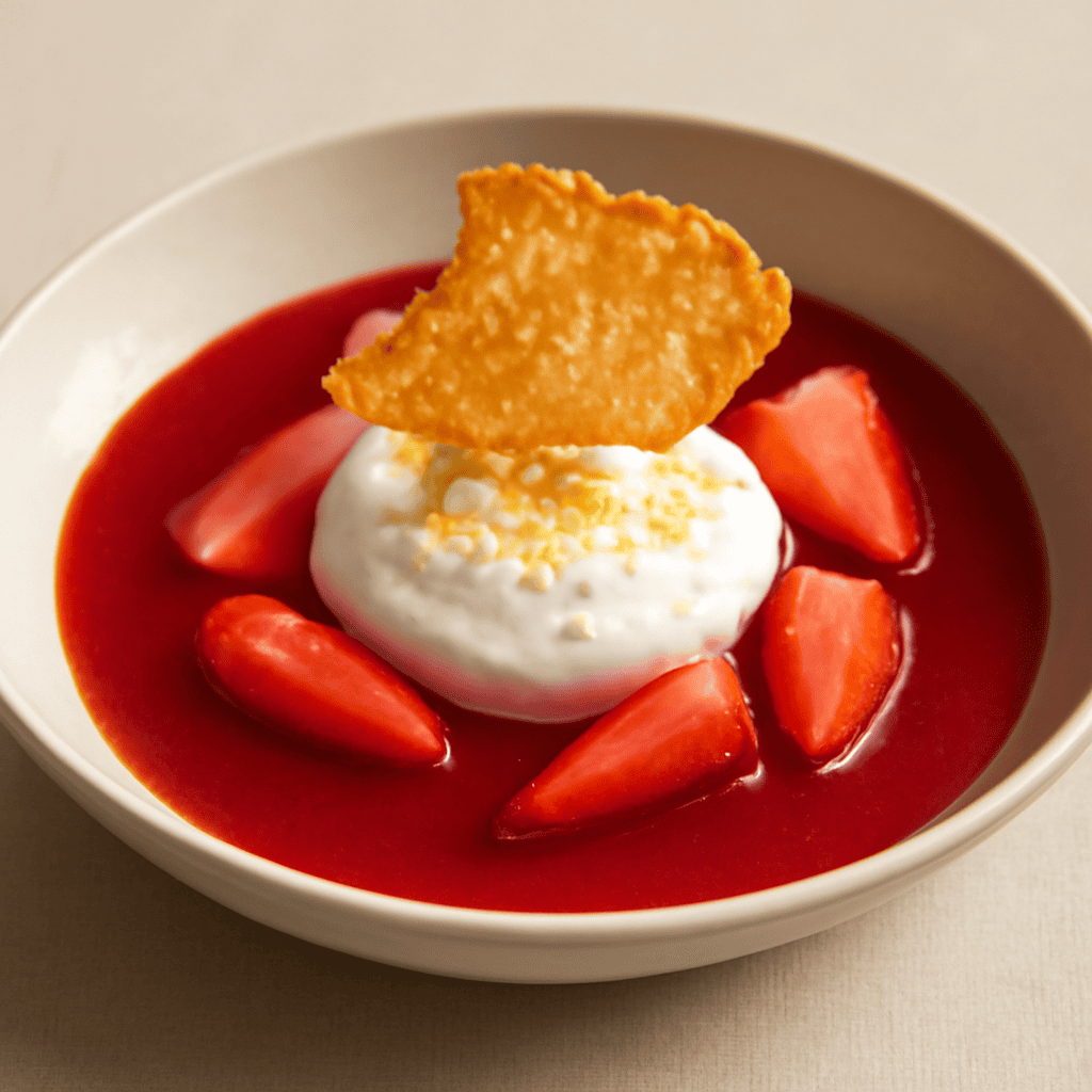 Zuppa di fragole e zenzero con ricotta e croccante agi agrumi