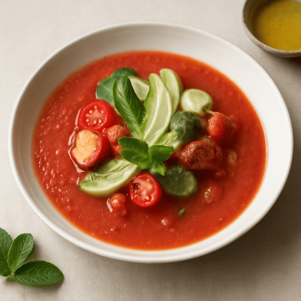 ZUPPA DI POMODORI E FRAGOLE CON INSALATINA DI FINOCCHI E CETRIOLI.