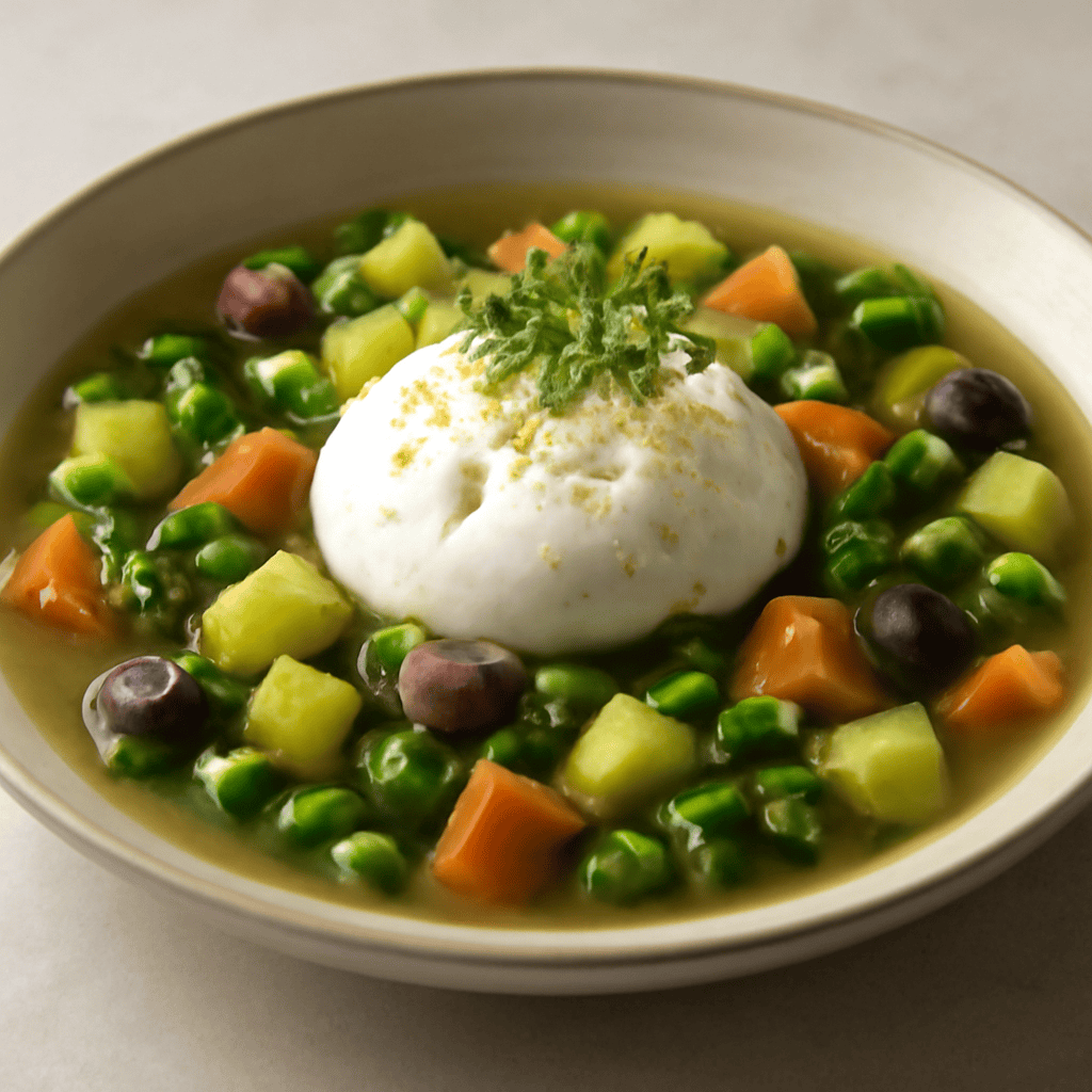 Zuppa di verdure croccanti con burrata