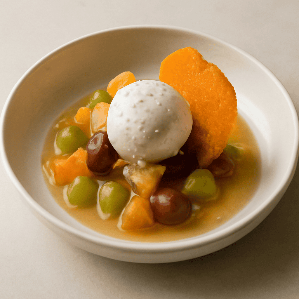Zuppetta di agrumi con macedonia e gelato al pepe sichuan