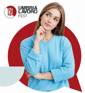 Giovane donna pensierosa con maglione azzurro accanto al logo Umbria Lavoro Fest