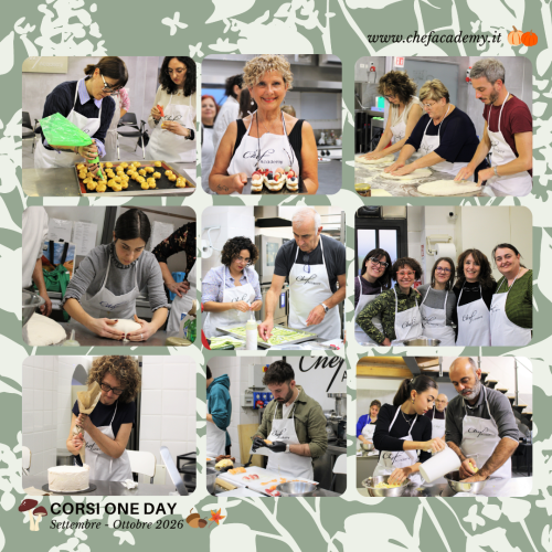Partecipanti ai corsi one day di Chef Academy tra settembre e ottobre 2026 impegnati in laboratori di cucina e pasticceria