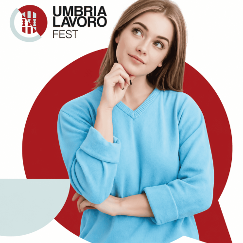 Giovane donna pensierosa con maglione azzurro accanto al logo Umbria Lavoro Fest